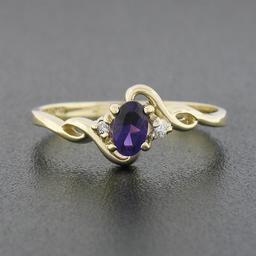 Petite Solid 10k Yellow Gold Oval Amethyst Solitaire Diamond 3 Three Stone Ring