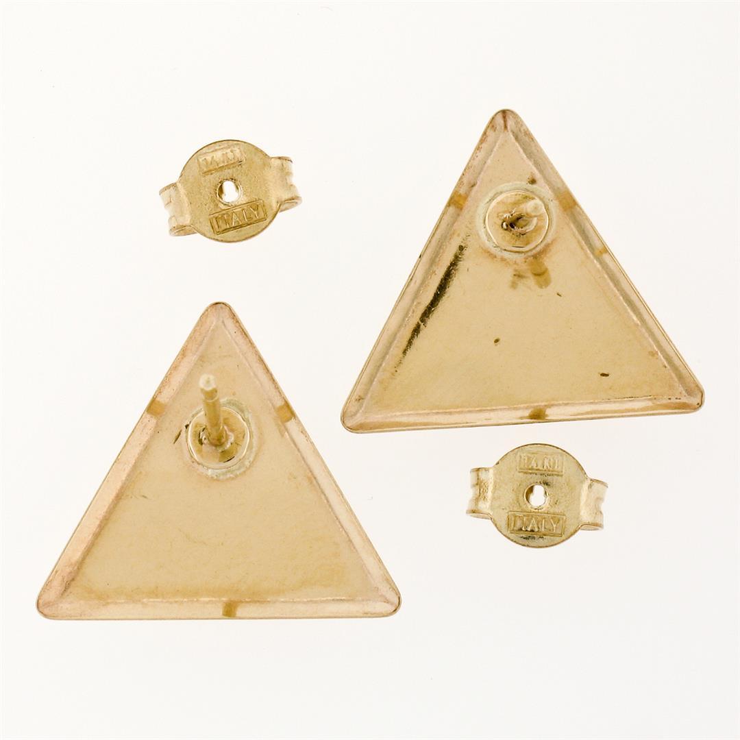 14K Tri Color Gold Dual Finished Patterned Tiered Triangle Stud Post Earrings