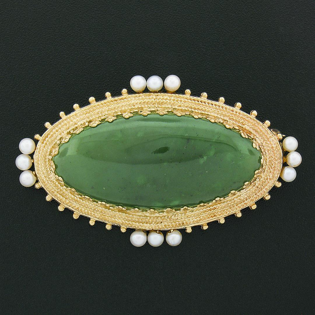 Vintage 14k Gold Large Oval Cabochon Jade Pearl Twisted Wire Halo Brooch Pendant