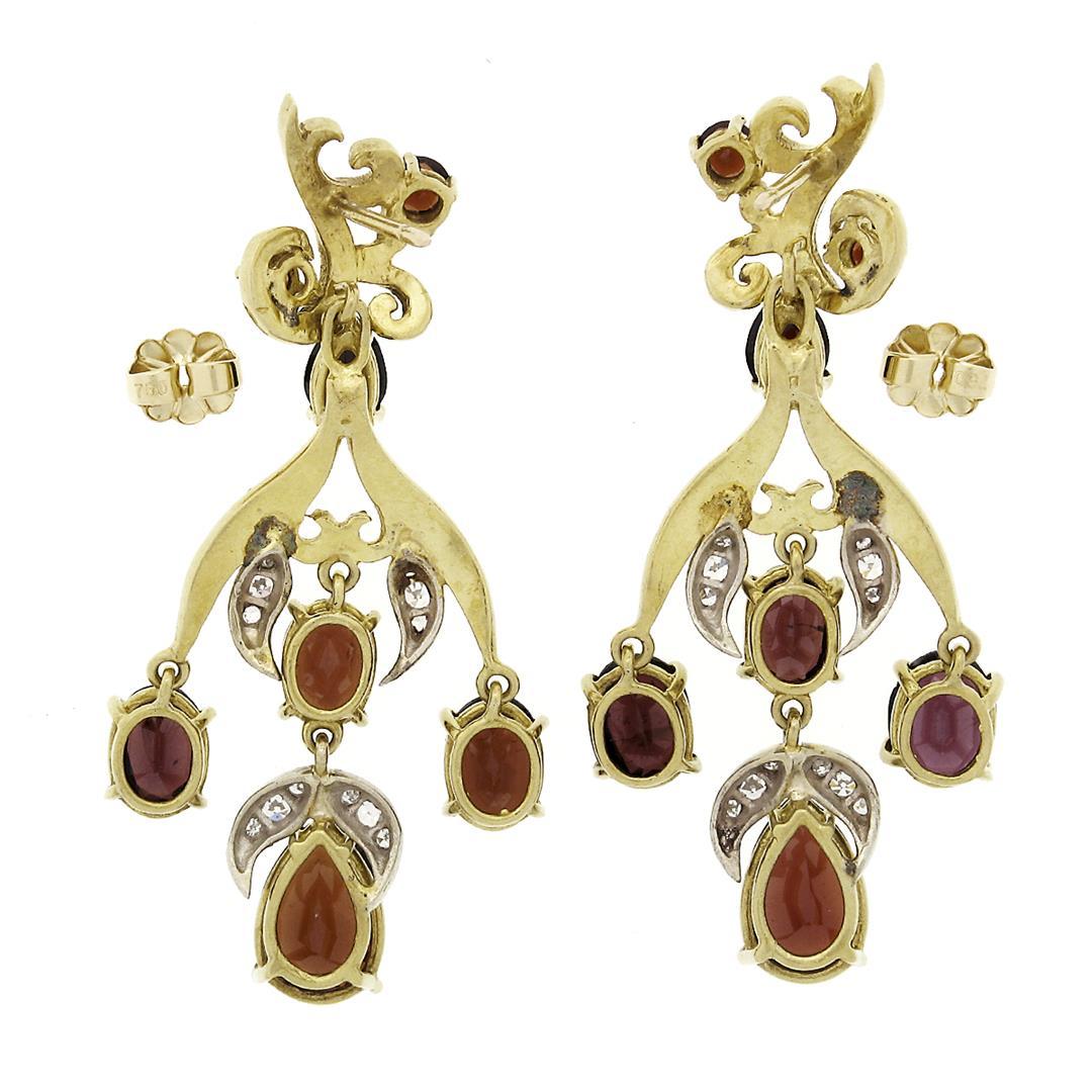 Vintage 18k Gold 11.9 ctw GIA Red Pyrope Garnet & Diamond Flower Dangle Earrings