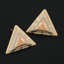 14K Tri Color Gold Dual Finished Patterned Tiered Triangle Stud Post Earrings