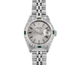Rolex Ladies Stainless Steel Silver Index Dial Diamond And Emerald Date Watch