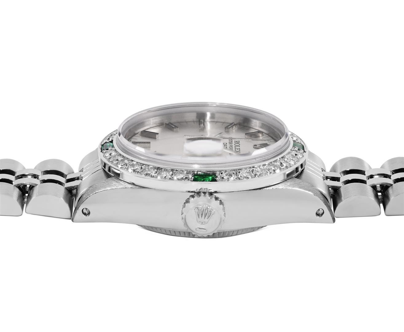Rolex Ladies Stainless Steel Silver Index Dial Diamond And Emerald Date Watch