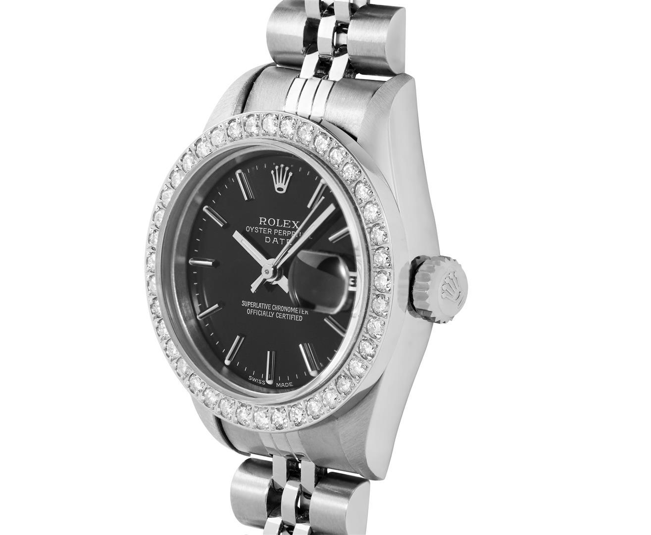 Rolex Ladies Quickset Stainless Steel Black Dial Diamond Bezel Date Watch