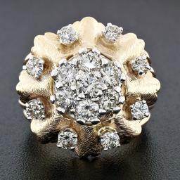 Vintage 14K TT Gold 1.67 ctw Round Brilliant Diamond Cluster Flower Cocktail Rin