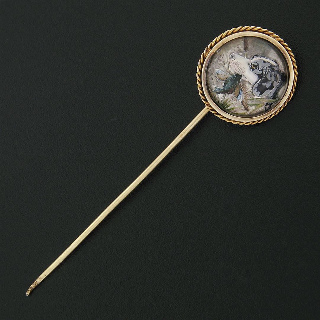 Vintage 14k Gold Round Miniature Hand Painted Portrait w/ Twisted Wire Stick Pin