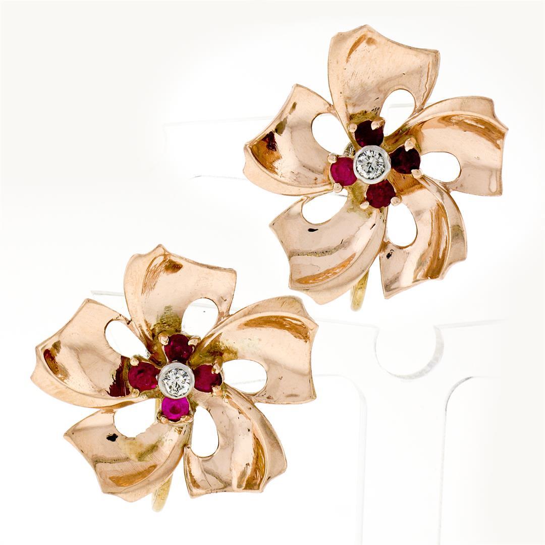 Retro Vintage 14k Rose Gold 0.92 ctw Ruby Diamond Large Flower Screw On Earrings