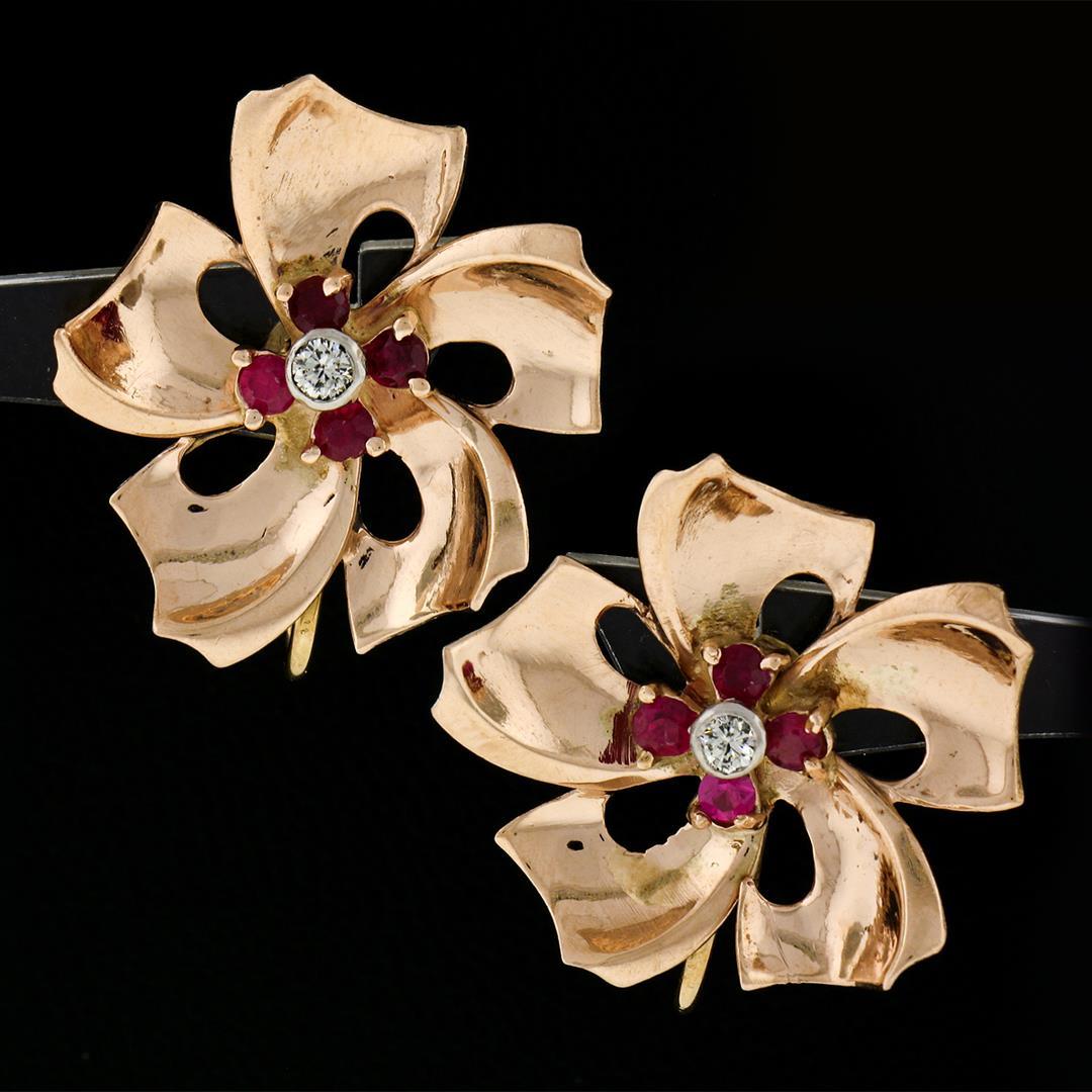 Retro Vintage 14k Rose Gold 0.92 ctw Ruby Diamond Large Flower Screw On Earrings