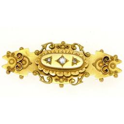 Antique Victorian 9k Yellow Gold Elongated Cartouche Brooch w/ 3 Old Cut Diamond