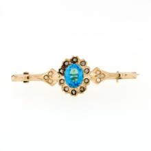 Antique Victorian 14k Gold Blue Stone & Seed Pearl Halo Tapered Bar Brooch Pin
