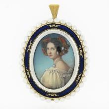 Vintage 18k Gold Oval Painted Portrait Diamond Enamel Pearl Frame Brooch Pendant