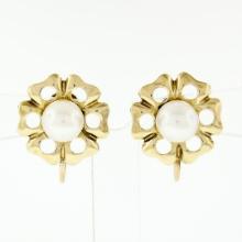 Vintage 14k Yellow Gold 6.8mm Round Pearl Open Flower Frame Screw Back Earrings