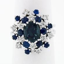 Vintage 18k White Gold 3.15 ctw Oval Sapphire Round Diamond Tiered Cluster Ring
