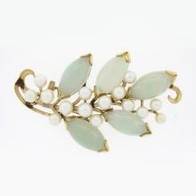 Ming's 14K Gold Marquise Cabochon Jade Cultured Pearl Branch Cluster Pin Brooch