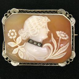 Antique Art Deco 14K White Gold Shell Cameo w/ Filigree Frame Brooch Pendant