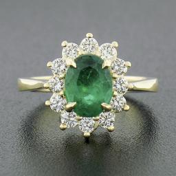 NEW Classic 14k Gold 2.02 ctw Oval Emerald Solitaire w/ Round Diamond Halo Ring
