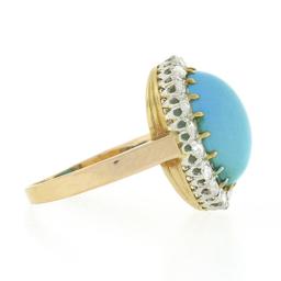 Antique 18k Rosy Gold Platinum Oval Cabochon Persian Turquoise Diamond Halo Ring
