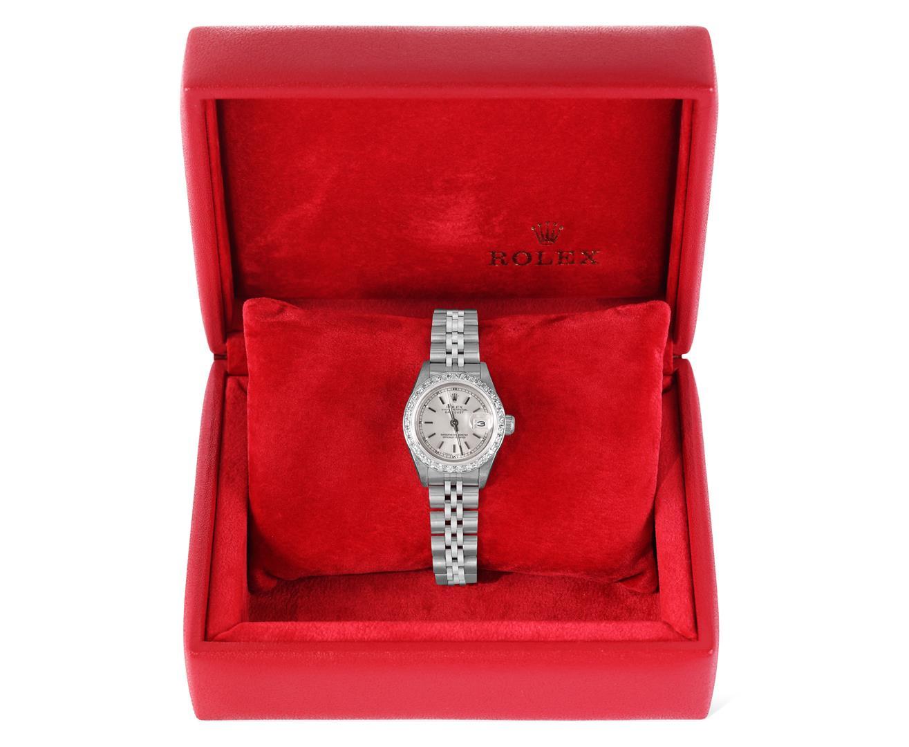 Rolex Ladies Quickset 18K White Gold Diamond Bezel Datejust Watch With Rolex Box