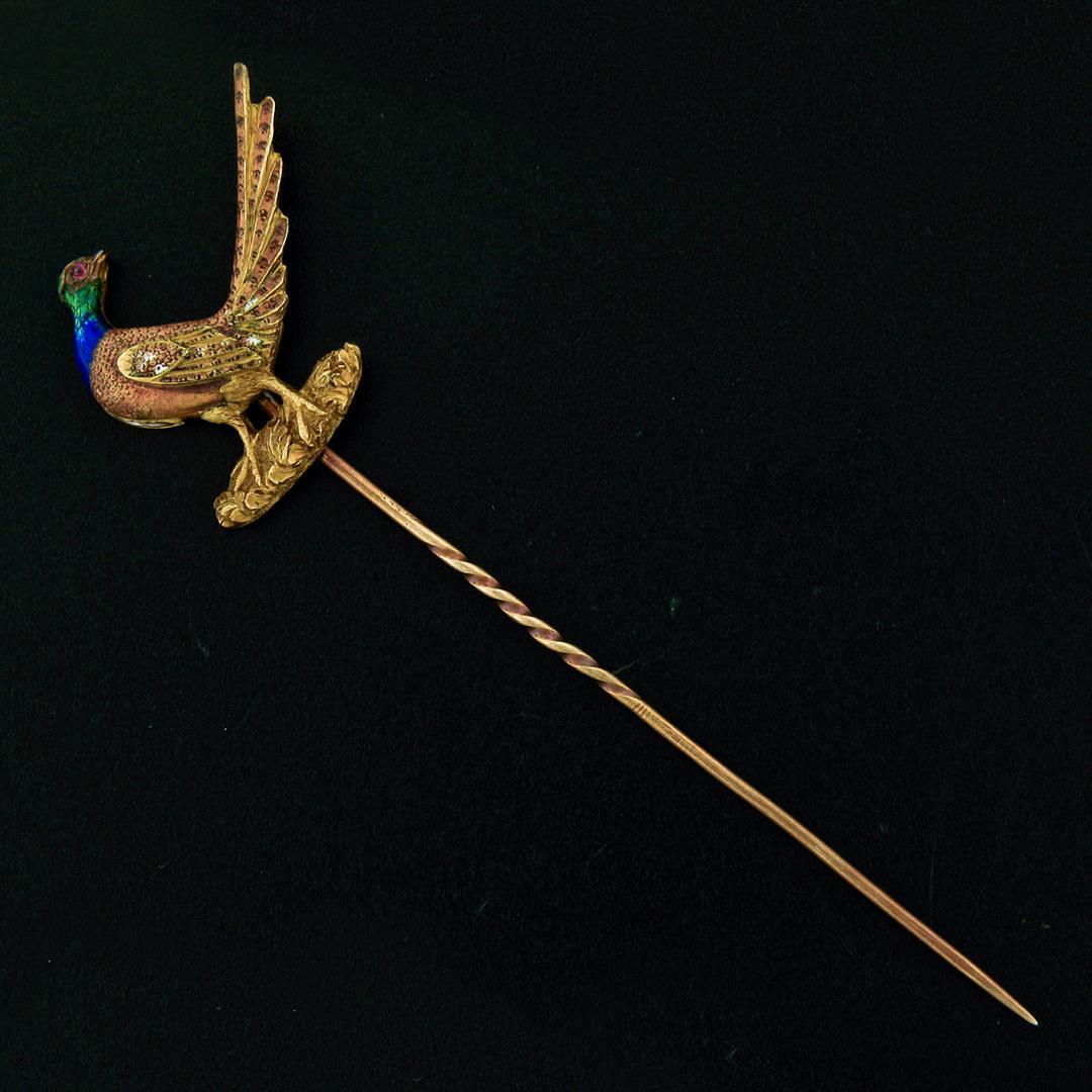 Rare Antique Art Nouveau 18K Gold Ruby Enamel LARGE Detailed Pheasant Stick Pin