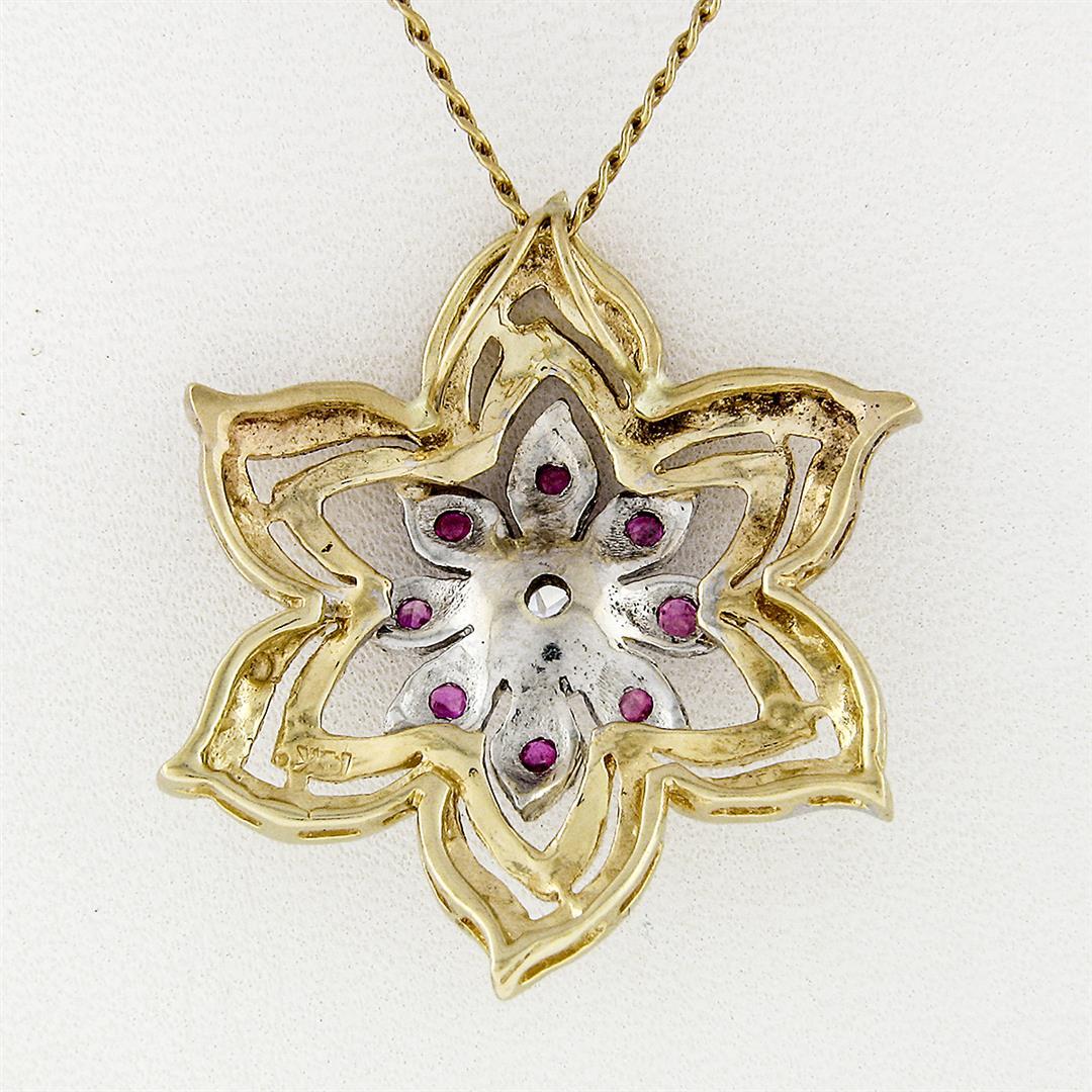 Vintage 14k Two Tone Gold Diamond Ruby Florentine Finish Flower Pendant Necklace