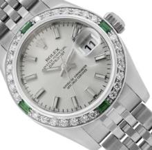 Rolex Ladies Quickset Silver Dial 18K White Gold Diamond And Emerald Datejust