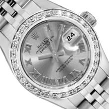 Rolex Ladies Quickset Stainless Steel Gray Roman 18K White Gold Diamond Bezel Da