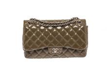 Chanel Dark Green Quilted Caviar Leather Jumbo Double Flap Shoulder Bag