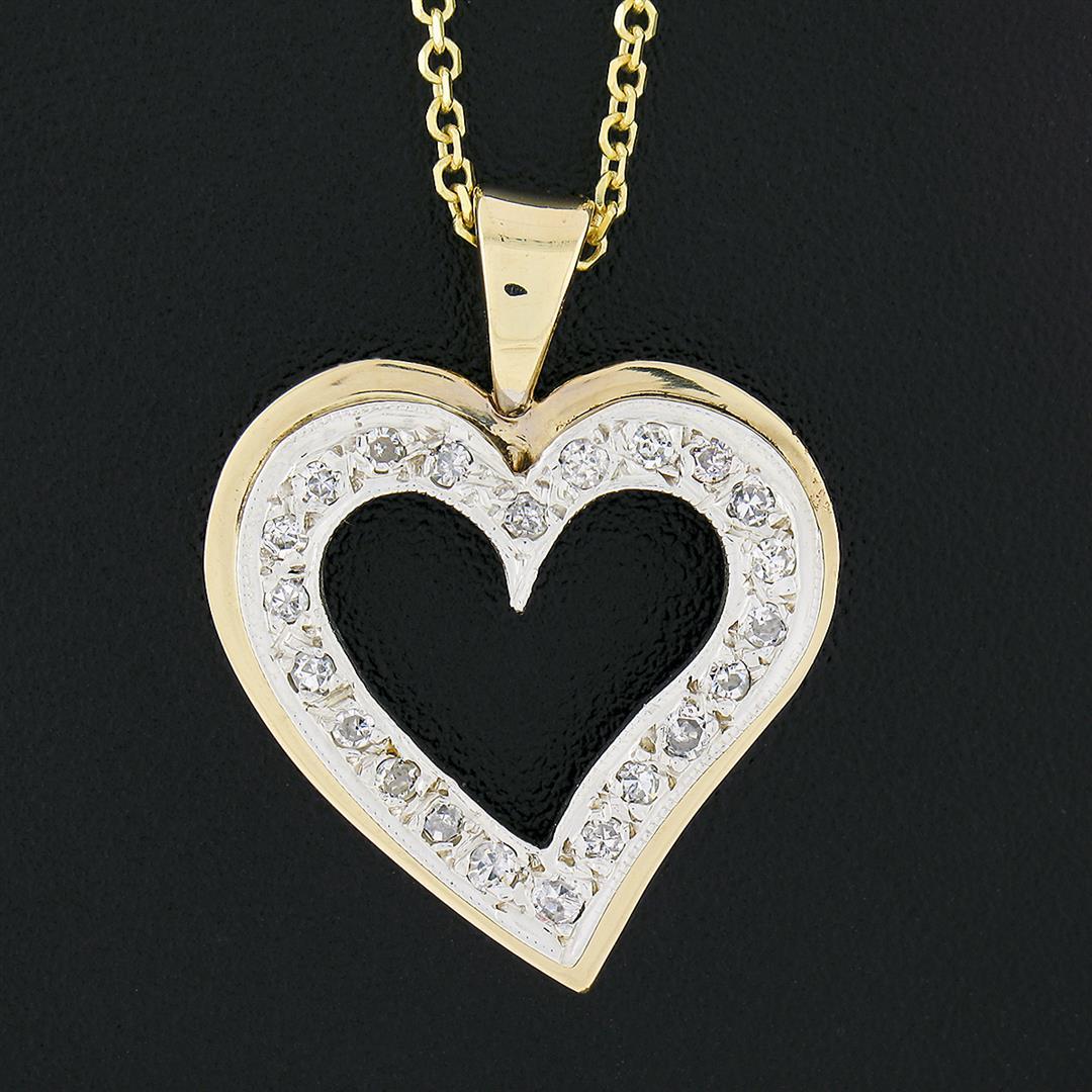Vintage 14k TT Gold .22 ctw Pave Diamond Dual Layer Open Heart Pendant & 16" Cha
