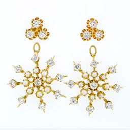 Vintage 14k Gold 2.75 ctw Diamond & Pearl Earrings w/ Snowflake Dangle Enhancers