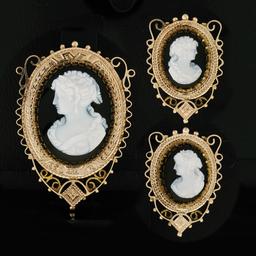 Antique Victorian 14k Gold Oval Black & White Carved Cameo Brooch & Earrings Set