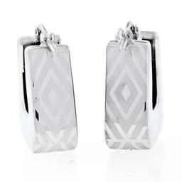 New Italian 14K White Gold Dual Finished Marquise Pattern Huggie Snap Earrings