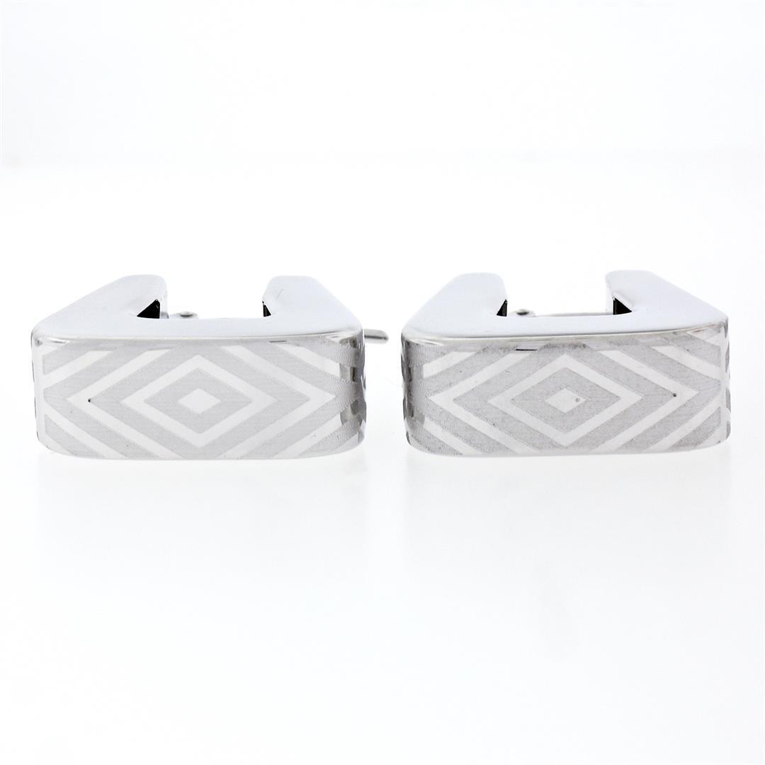 New Italian 14K White Gold Dual Finished Marquise Pattern Huggie Snap Earrings