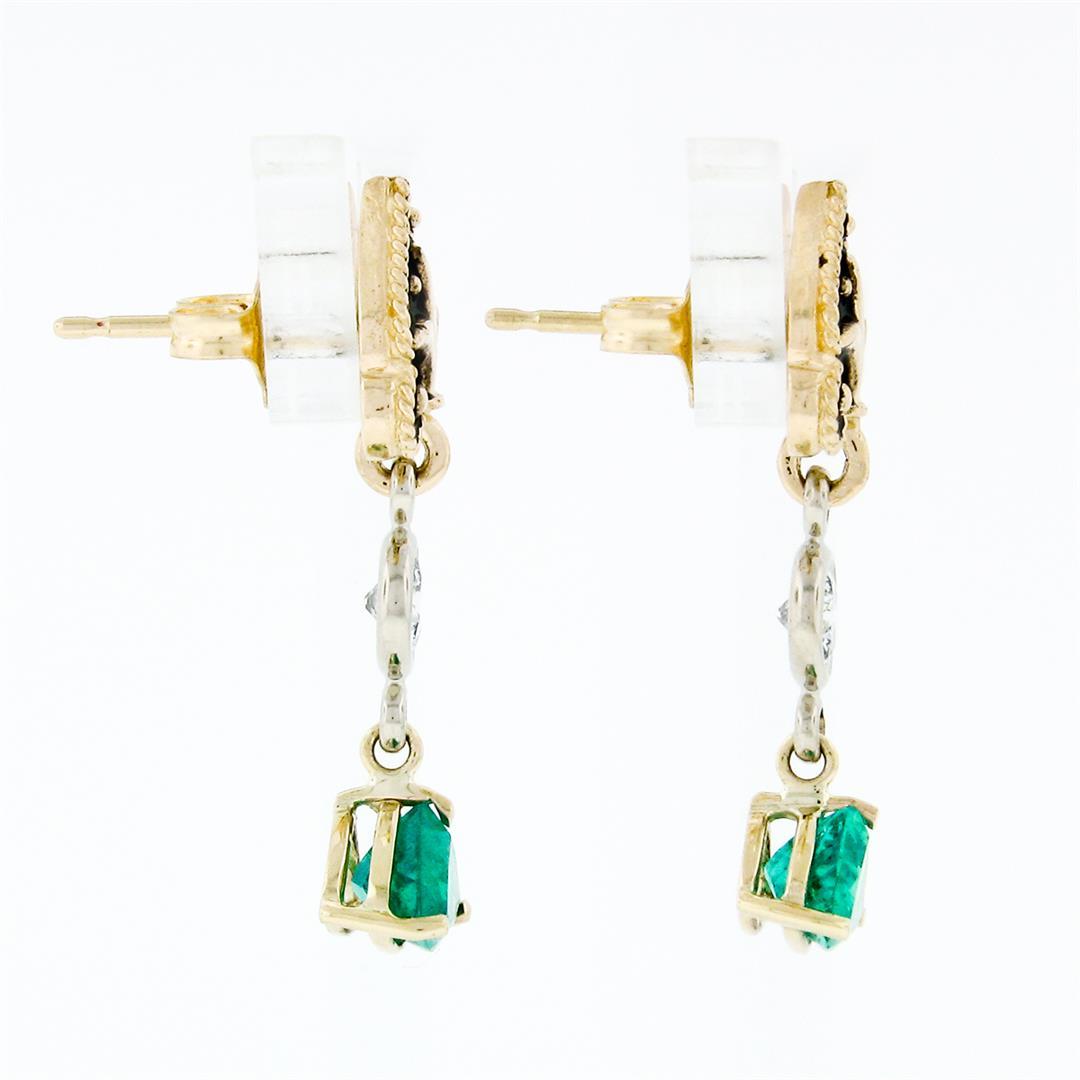 Vintage 14k Gold 1.28 ctw Trillion Emerald & Diamond Fleur De Lis Enamel Earring