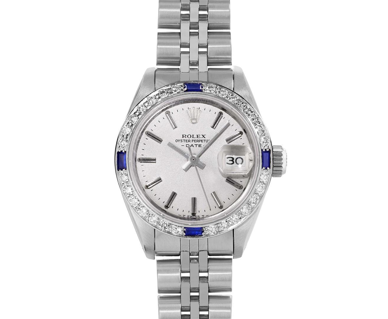 Rolex Ladies Stainless Steel Silver Index Dial Diamond And Sapphire Date Watch