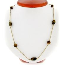 Vintage 10k Yellow Gold 26.5" Round & Custom Cut Tiger's Eye Bead Chain Necklace