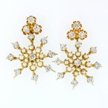 Vintage 14k Gold 2.75 ctw Diamond & Pearl Earrings w/ Snowflake Dangle Enhancers
