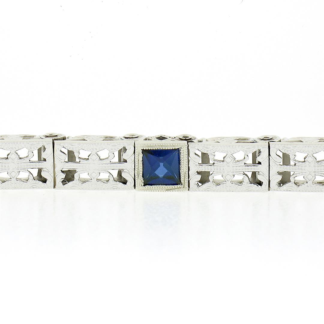 Antique Art Deco 14k White Gold Bezel Set Sapphire Etched Line Filigree Bracelet