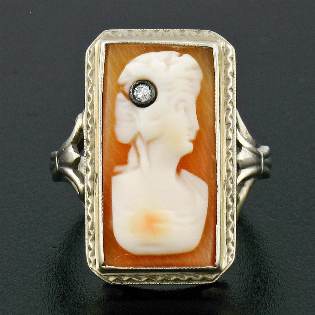 Antique 18K White Gold Rectangular Carved Shell Cameo Diamond Etched Frame Ring