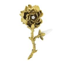 Antique 14k Gold Diamond Baroque River Pearl Detailed Textured Rose Brooch Pin
