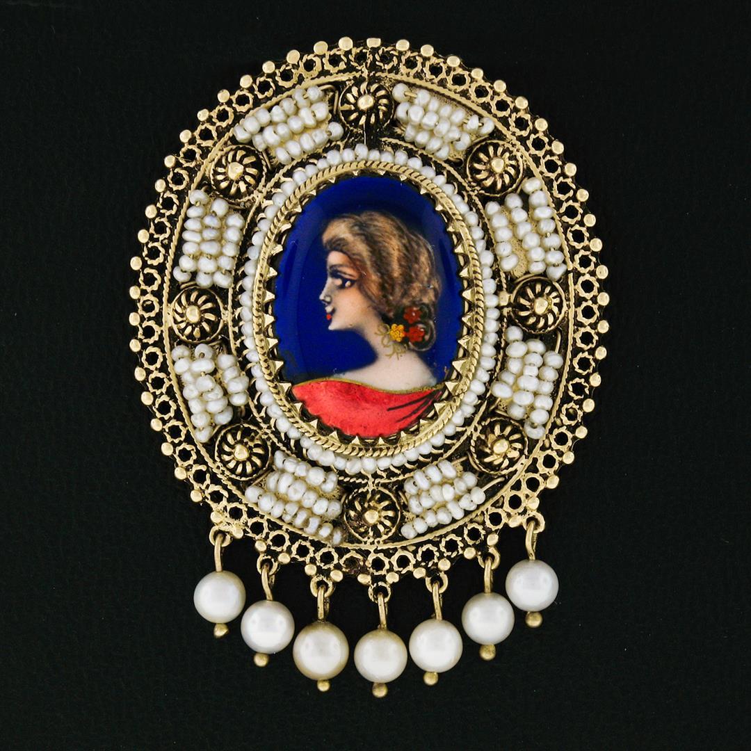 Vintage French 14k Gold Hand Painted Portrait Detailed Pearl Pin Brooch Pendant