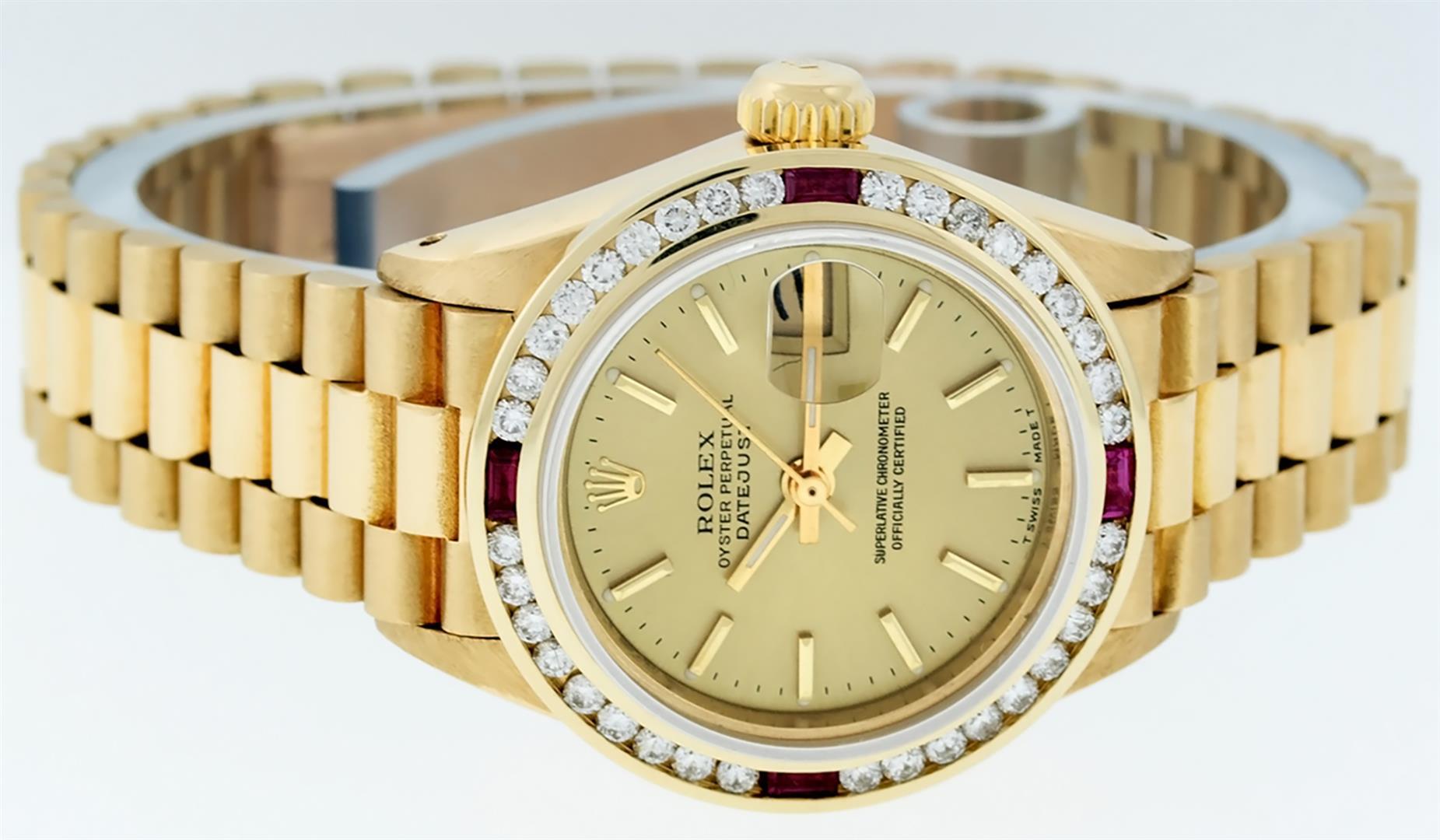 Rolex Ladies 18K Yellow Gold Ruby And Champagne Index President Wristwatch 26MM