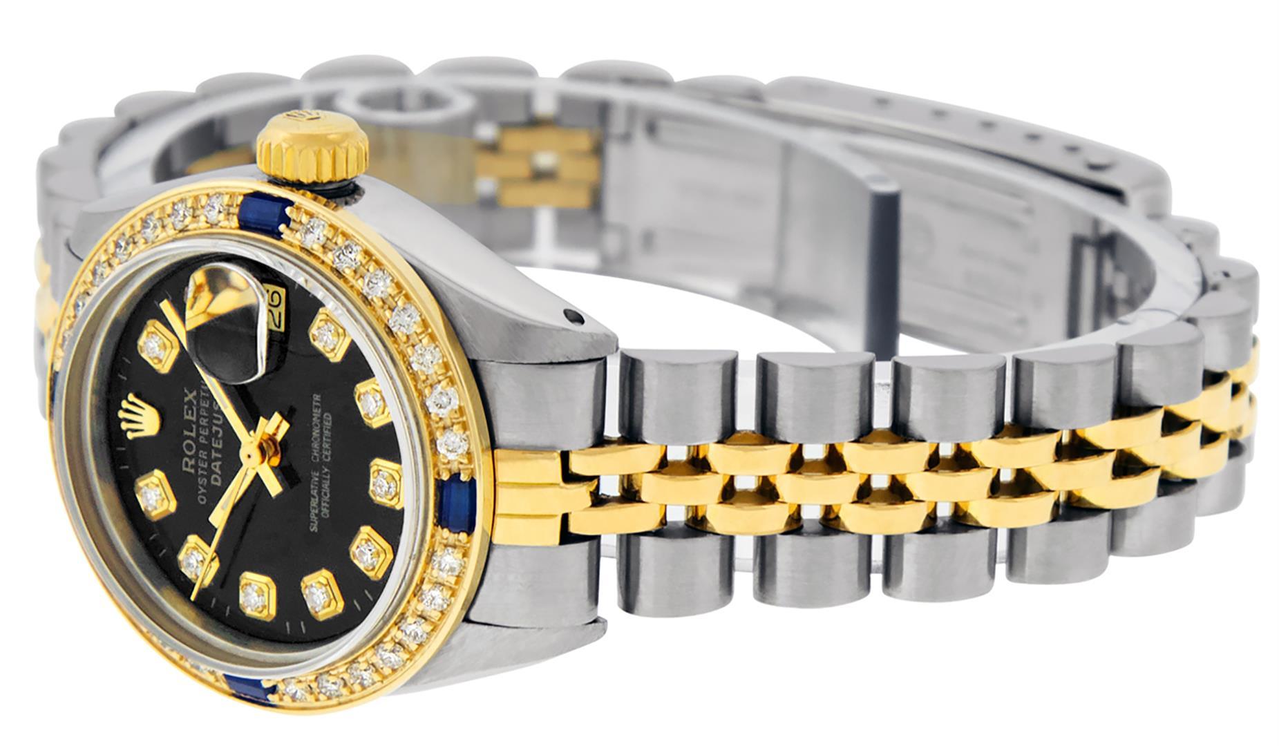 Rolex Ladies Two Tone 18K Yellow Gold And Steel Black Diamond And Sapphire Quick