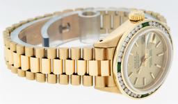 Rolex Ladies 18K Yellow Gold Emerald And Champagne Index President Wristwatch
