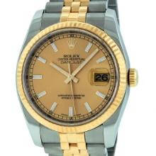 Rolex Mens 2T 18K Yellow Gold And Steel Champagne Index Datejust With Hidden Cla