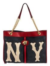Gucci Navy Red Suede Leather Large NY Yankees Rajah Chain Tote Bag