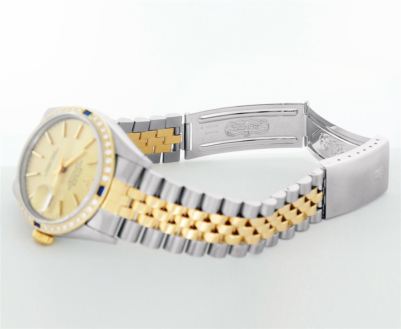 Rolex Mens Champagne Index Dial 18K Yellow Gold Sapphire And Diamond Bezel Datej