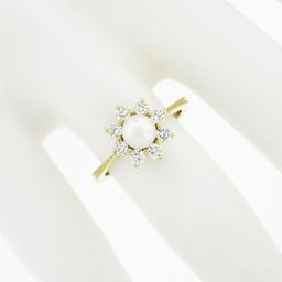 NEW Classic 18k Yellow Gold 5.25mm Pearl .40 ctw Round Diamond Flower Cluster Ri