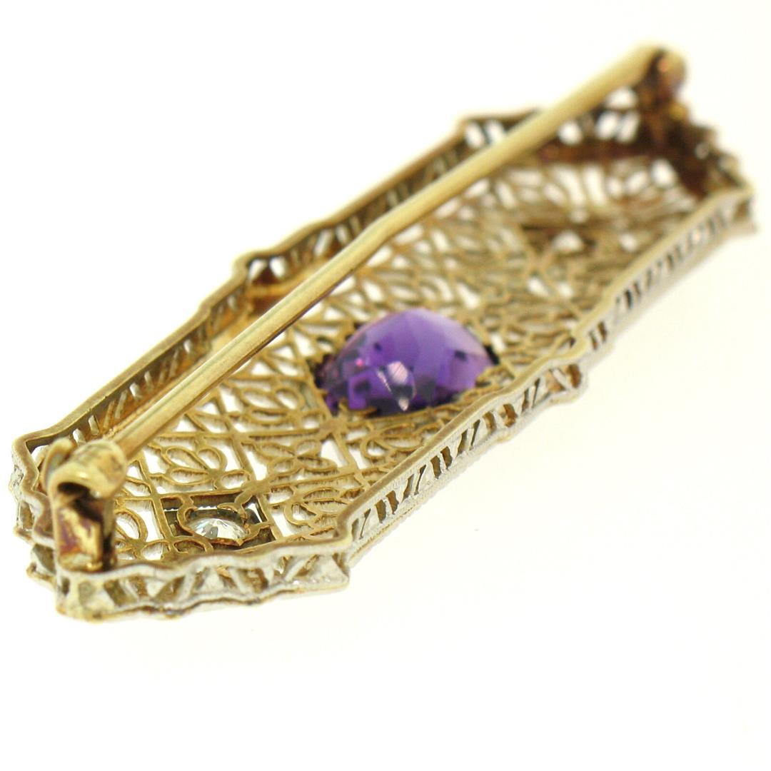 Antique Art Deco 14k Two Tone Gold Amethyst & Old Diamond Etched Filigree Brooch