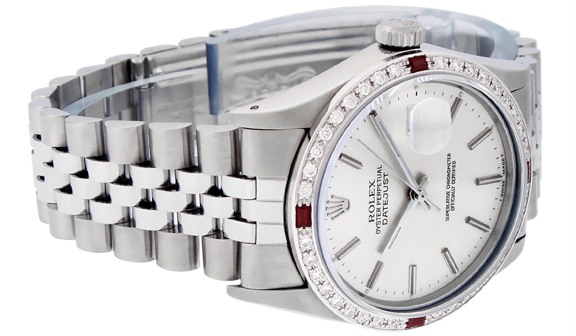 Rolex Mens Stainless Steel Silver Index Diamond & Ruby 36MM Datejust Wristwatch