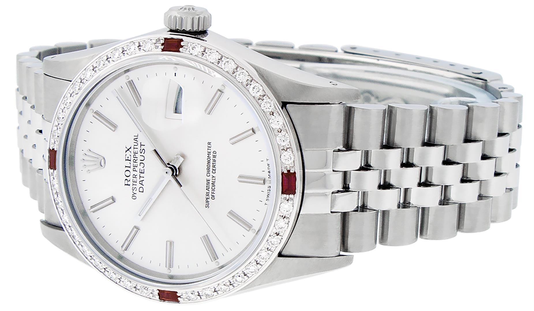 Rolex Mens Stainless Steel Silver Index Diamond & Ruby 36MM Datejust Wristwatch